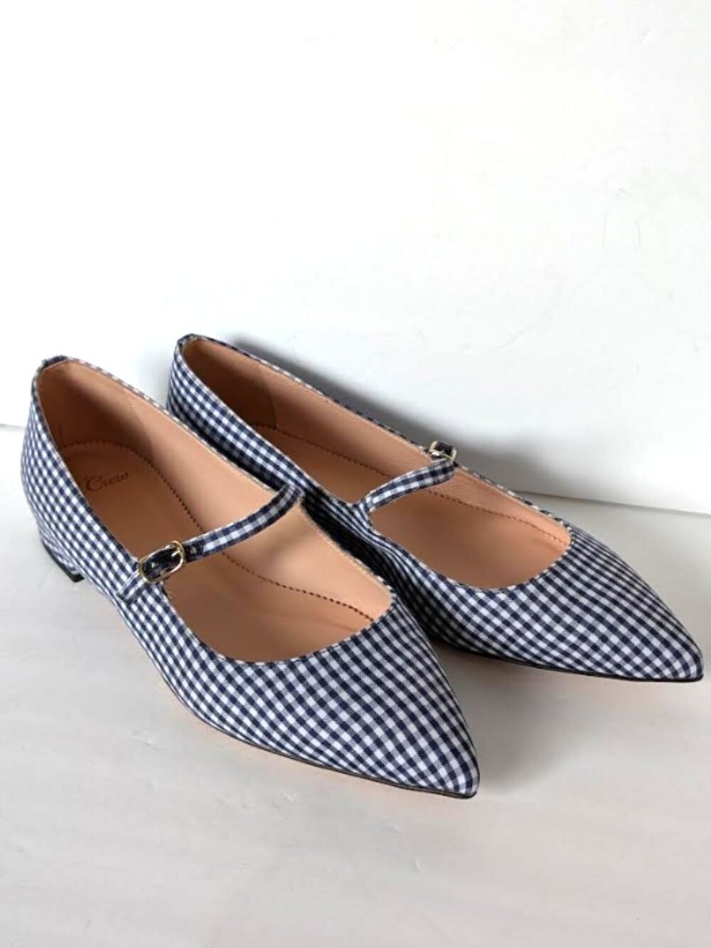 J. Crew Gingham Pointed Toe Mary Jane Flats Navy White 7 NIB - Picture 4 of 9